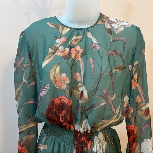 Beautiful floral long sleeve green dress /size S - Picture 2 of 8
